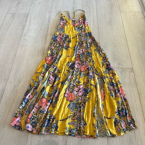 Free People Through The Vine Maxi Slip Dress Gold Floral Maize Combo Sz S - Picture 1 of 8